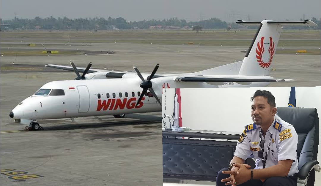 Pesawat regular Wings Air ATR-72 melayani penerbangan Bandara Melalan Sendawar Kutai Barat + Kasi TOKPD Bandara Melalan, Aulia Mukti Negara. (Foto: Dok. Mahakampos.com).